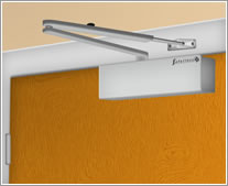 A graphic of an overhead door closer installed in Fig. 1 configuration