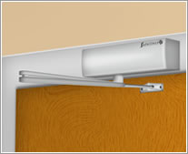 A graphic of an overhead door closer installed in Fig. 61 configuration