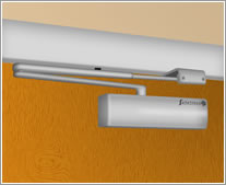 A graphic of an overhead door closer installed in Fig. 66 configuration