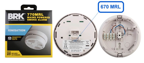 BRK 770MRL mains-powered smoke alarm with box and push-fit base plate