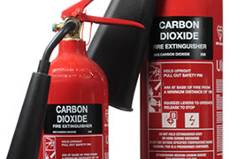 Carbon dioxide, or CO2 fire extinguishers are used on flammable liquids (not deep fat friers) and electronic equipment. CO2 Fire Extinguishers