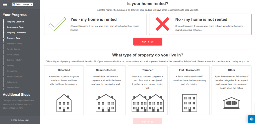 online home fire safety check screen