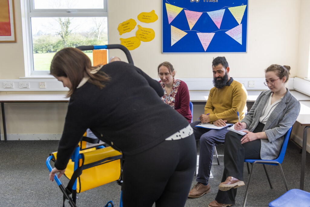 Evacuation chair training in a a classroom