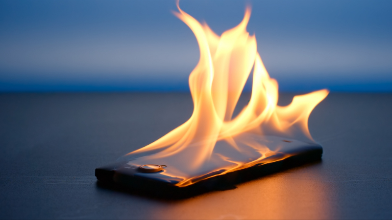 A mobile phone with a lithium-ion battery on fire