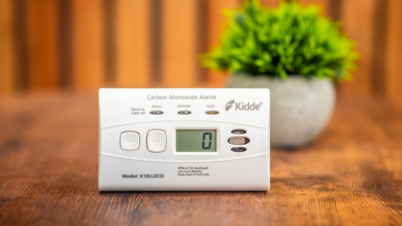 A CO alarm on a table top