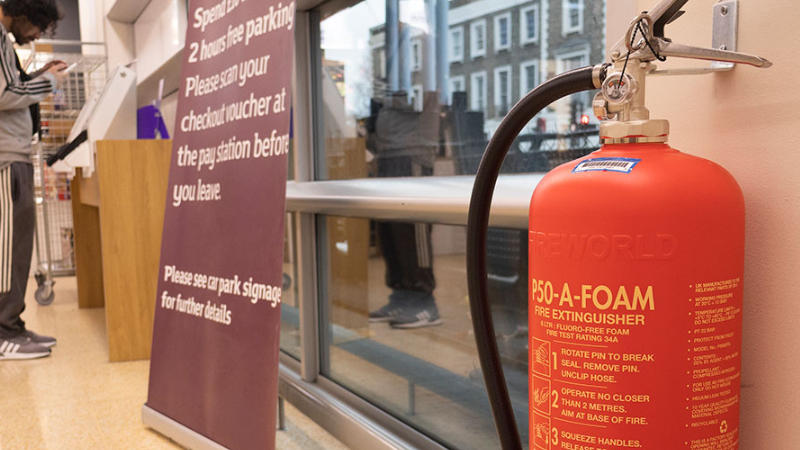 A P50 fire extinguisher in a Sainsbury's store in Camden