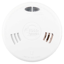 White Kidde Fyrnetics smoke alarm with HUSH and TEST WEEKLY buttons, vented sides, and embossed operating instructions.