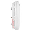 Side view of a Kidde mains‑powered optical smoke alarm showing vent slots and a red arrow label for cover removal.