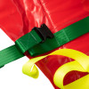 Close up of green and yellow straps with black buckle on emergency evacuation sledge red surface