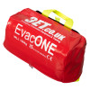 Packed angled emergency evacuation sledge in red with bright yellow handle and white text on cover