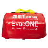 Packed front view of emergency evacuation sledge in red with yellow handles and white text markings