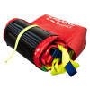 Partially unpacked emergency evacuation sledge showing red covering and colourful straps on a white background
