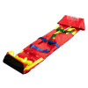 Emergency evacuation sledge shown unpacked and angled with red material and blue and yellow straps