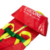 Close up of an unpacked emergency evacuation sledge in red with yellow and green straps on a white background
