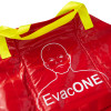 Close up of the emergency evacuation sledge showing the red cover with a white line drawing and the unpacked logo EvacONE