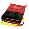 Partially unpacked emergency evacuation sledge showing red and black material with yellow and red straps