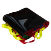 Unpacked rolled emergency evacuation sledge showing black protective cover and coloured straps