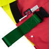 Close up of corner of emergency evacuation sheet showing red and yellow fabric with green strap and British flag label