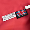 Close up of label on emergency evacuation sheet showing washing instructions and a Made in the UK flag