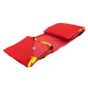 Part folded emergency evacuation sheet showing red fabric and yellow handles on a white background