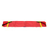 Partially unfolded red emergency evacuation sheet with black and yellow straps laid flat on a white background