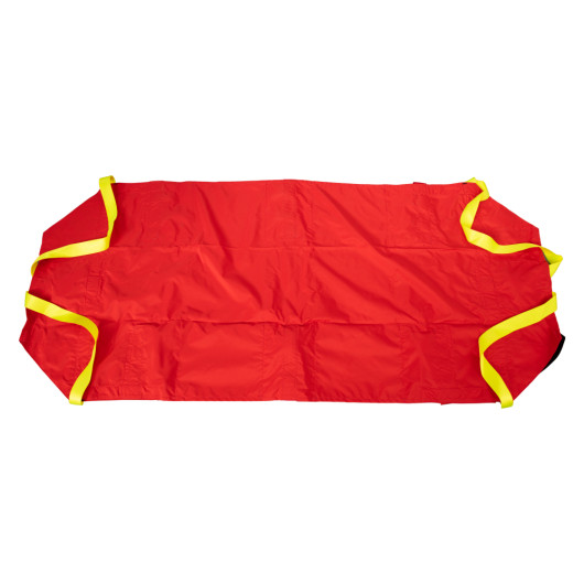 Emergency evacuation sheet fully unfolded flat with red fabric and yellow handles visible