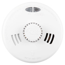 White Kidde Fyrnetics smoke alarm with vented sides, HUSH and TEST WEEKLY buttons, and embossed operating instructions.