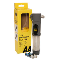 aa emergency car torch window hammer belt cutter next to its yellow packaging box and two batteries