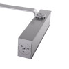 Close up of the body of a union ce24v overhead door closer showing the metal casing and adjustment screws