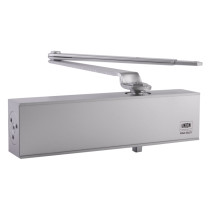 Front view of union ce24v overhead door closer showing rectangular metal body and attached arm