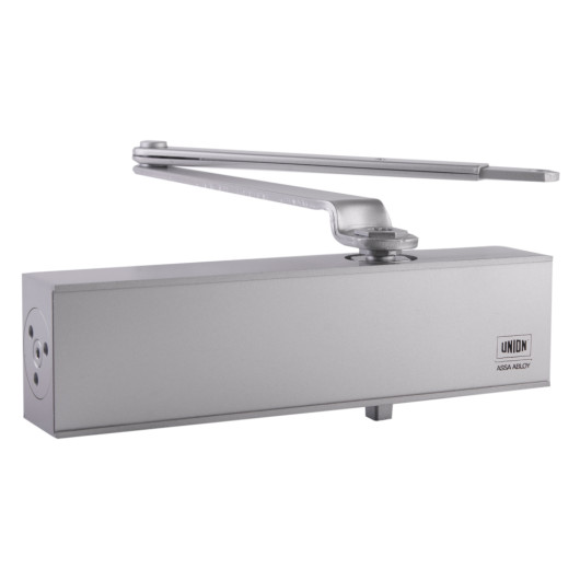 Front view of union ce24v overhead door closer showing rectangular metal body and attached arm