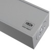 Close up detail of the Union CE26V overhead door closer power size EN 2 6 showing the logo and metal finish