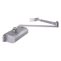 union ce3f overhead door closer shown from the front with an extended arm in a silver finish