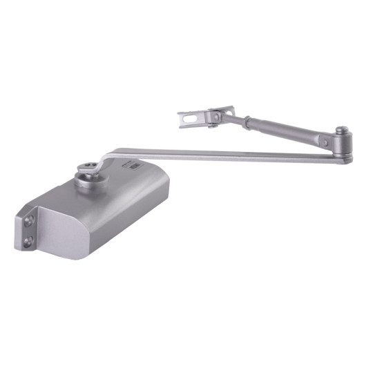union ce3f overhead door closer shown from the front with an extended arm in a silver finish
