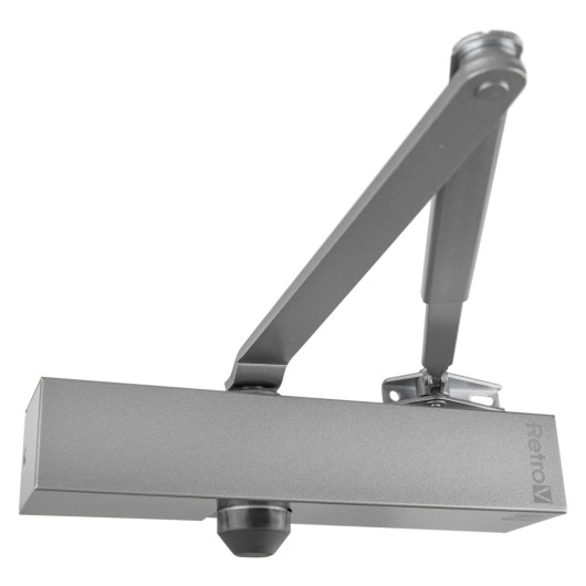 union retrov overhead door closer power size en 3 4 shown assembled in silver finish with arm attached
