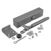 Part of union retrov overhead door closer power size en 3 4 with various metal components and screws laid out on a white background