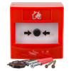 Manual call point with a red casing and a press button, shown with screws and plastic wall plugs on a white background