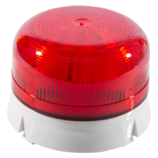 angled view of a mains powered 3 watt xenon beacon with a red dome and white base