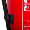 Closeup of hose clip attached to red act water mist extinguisher showing part of the label and hose