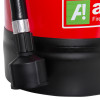 Closeup of the nozzle on an act water mist extinguisher showing the black plastic and metal connector parts