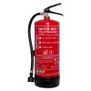 Front view of an act water mist extinguisher showing label and attached hose