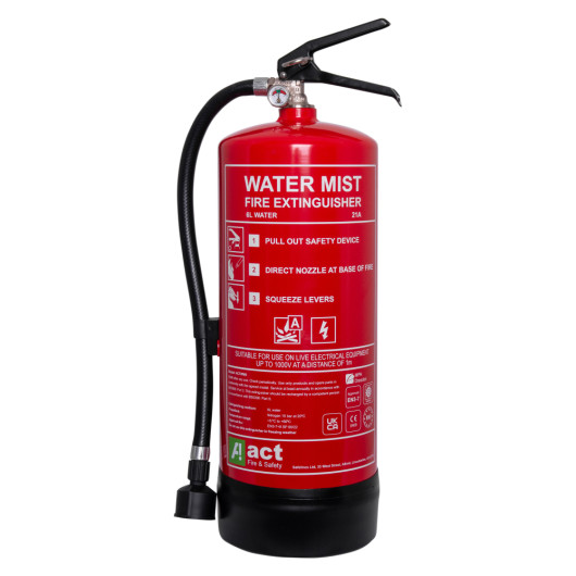 Front view of an act water mist extinguisher showing label and attached hose