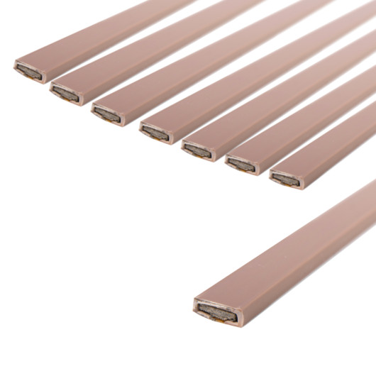 pack of brown double door fire seal strips arranged with one piece separated from the rest on a white background