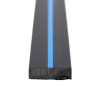 Close up of the end of a blue 60 5mm blue packer strip showing its flat rectangular shape and blue line in the centre