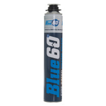 Front view of a tube of blue 60 fire rated frame foam with visible branding and open nozzle