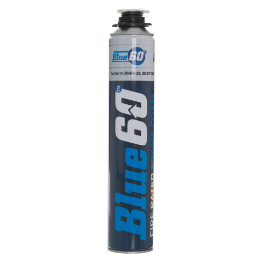 Front view of a tube of blue 60 fire rated frame foam with visible branding and open nozzle