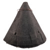 Front view of an intumescent downlight cover medium in black with a cone shape and wire detail near the top