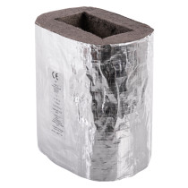 Angled view of intumescent duct sleeve 110mm with reflective silver outer covering and dark inner material