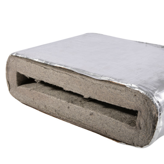 Angled view of an intumescent duct sleeve 234mm showing its foil-covered exterior and inner material texture