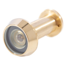 angled view of a fire rated door viewer brass showing the lens and metallic casing